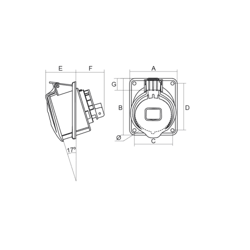 Base enchufe industrial hembra 3P+T 380V IP44 empotrar  Rojo 32 A