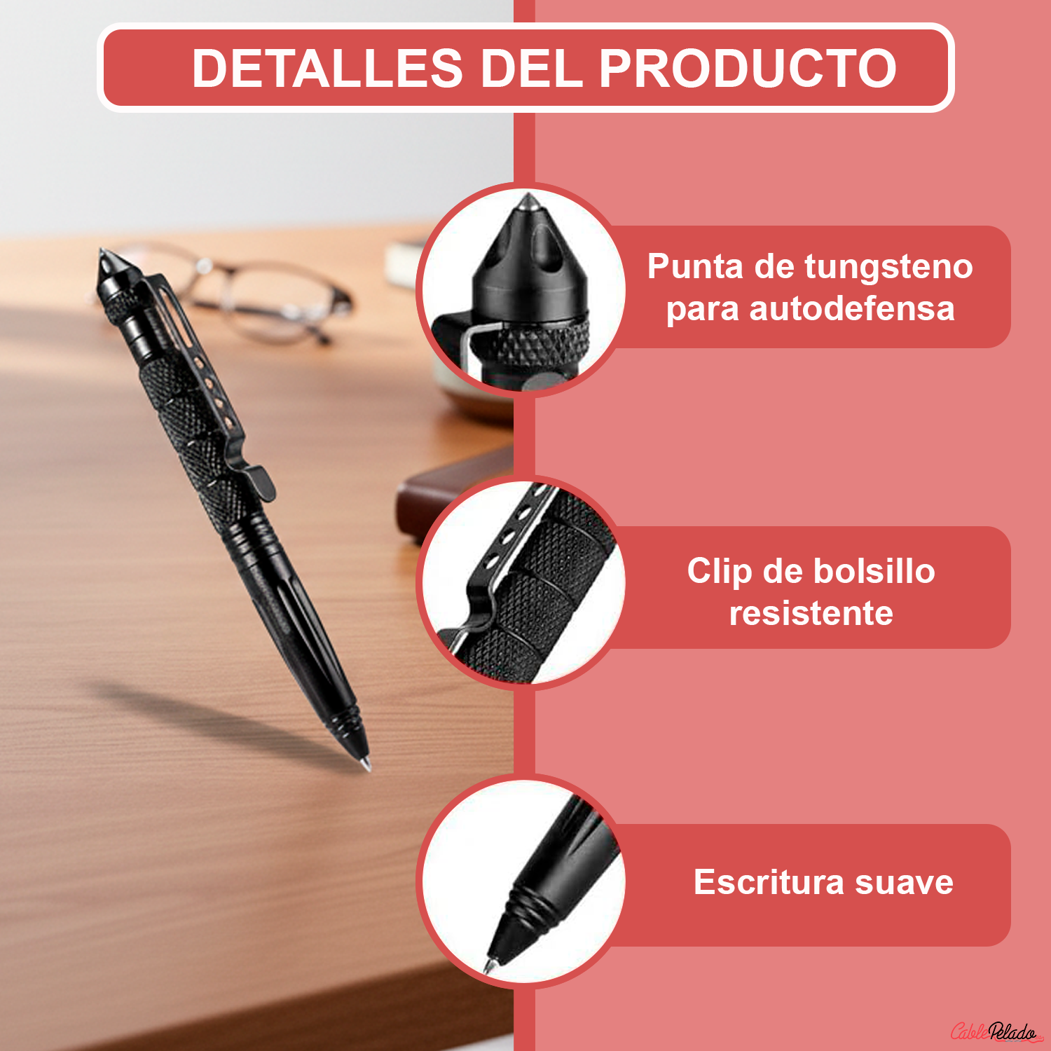 Bolígrafo Táctico Multifuncional Autodefensa  Negro