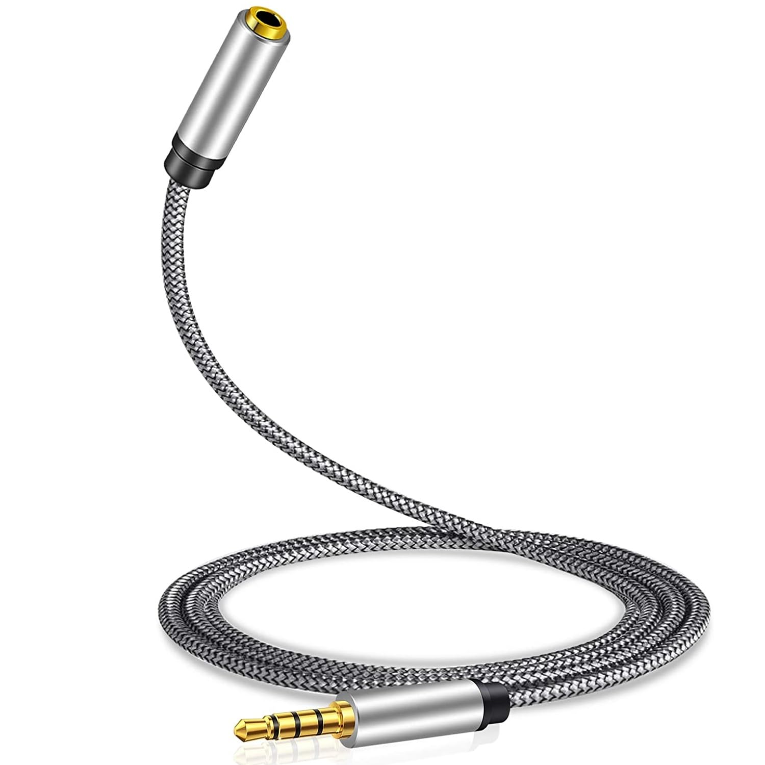 Cable alargador audio textil 4 pin jack 3.5 mm 5 M Plateado