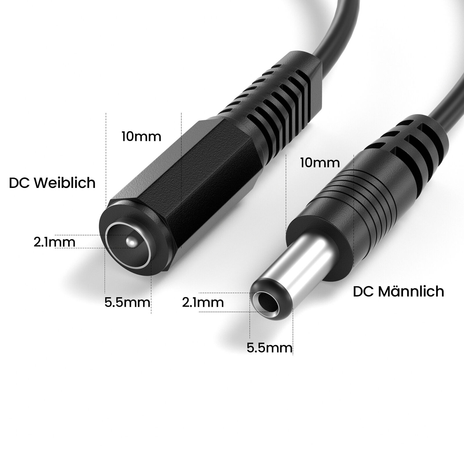 Cable alimentacion DC hembra-macho 5.5 x 2.1 mm 10 M Negro