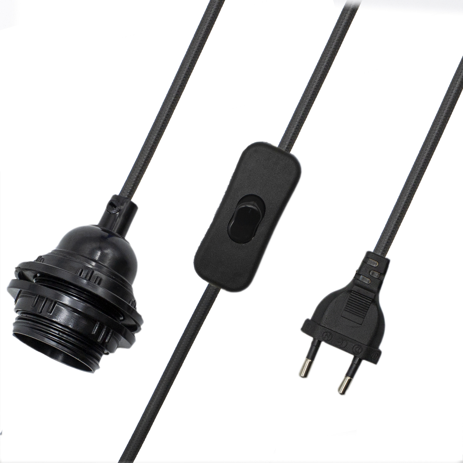 Cable alimentacion trenzado portalampara E27 con interruptor 2 M Negro