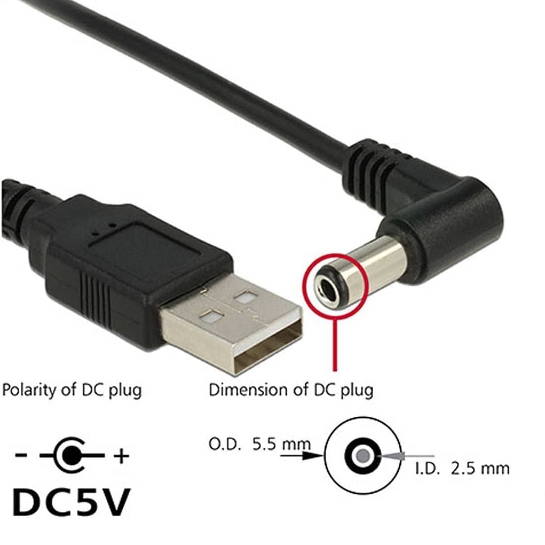 Cable alimentacion USB a DC 2.5 x 5.5 mm acodado 1 M Negro