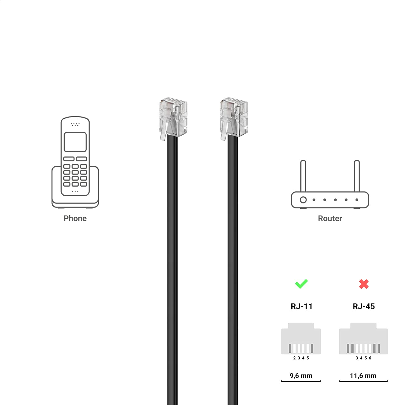 Cable de telefono RJ11 6P4C M-M 15 M Negro