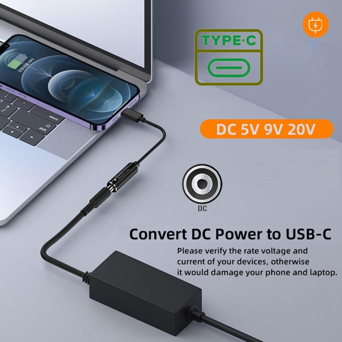 Cable USB C 3.1 a DC 5.5 2.1 mm hembra 20 cm Negro