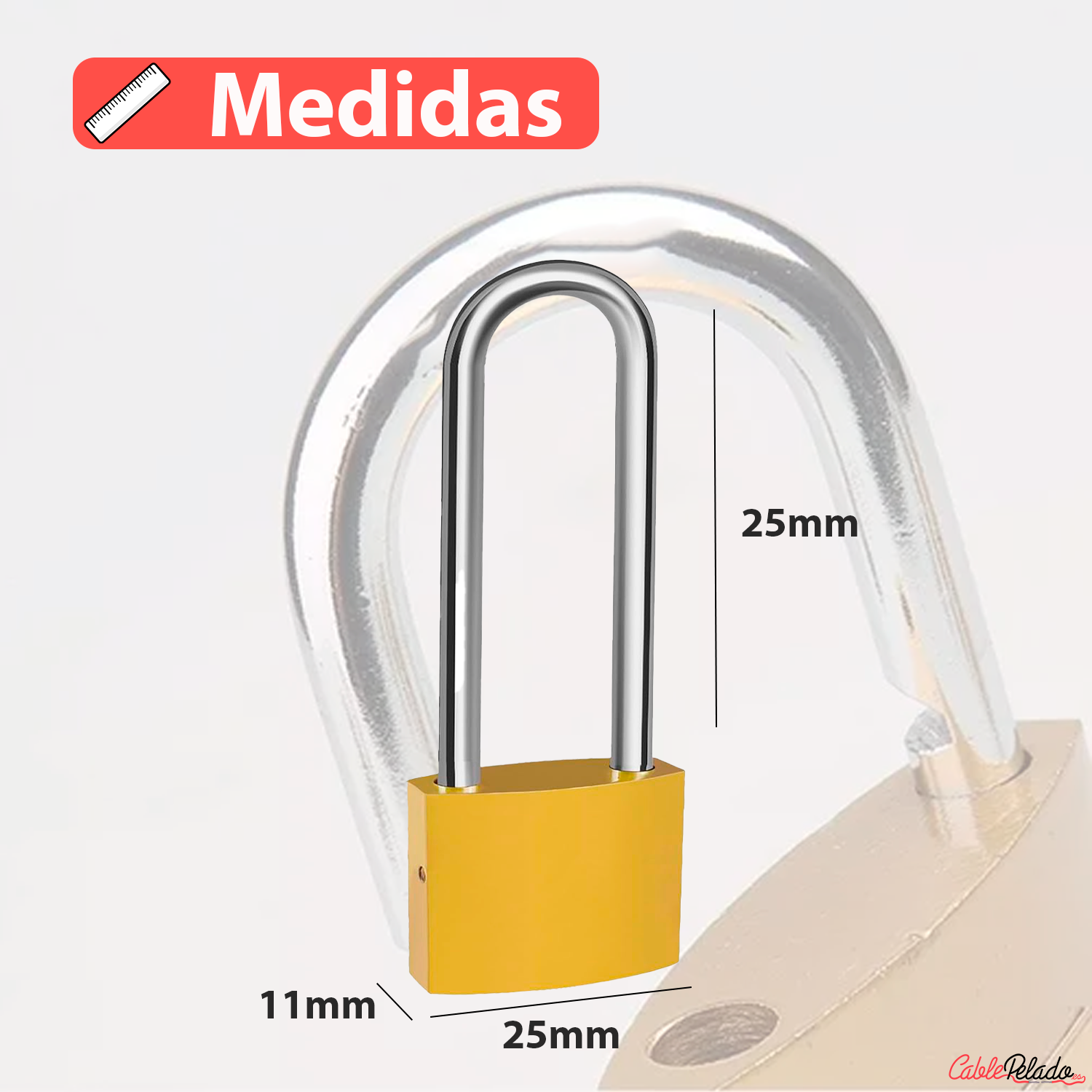 Candado arco largo de latón macizo con llave 25  mm  Dorado