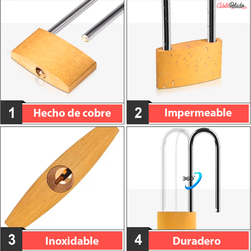 Candado arco largo de latón macizo con llave 25  mm  Dorado
