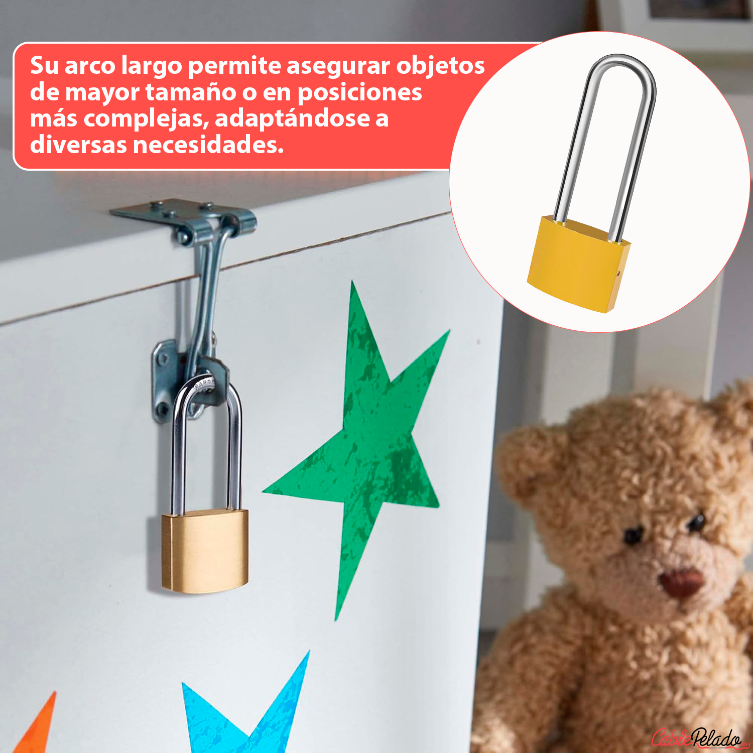 Candado arco largo de latón macizo con llave 25  mm  Dorado