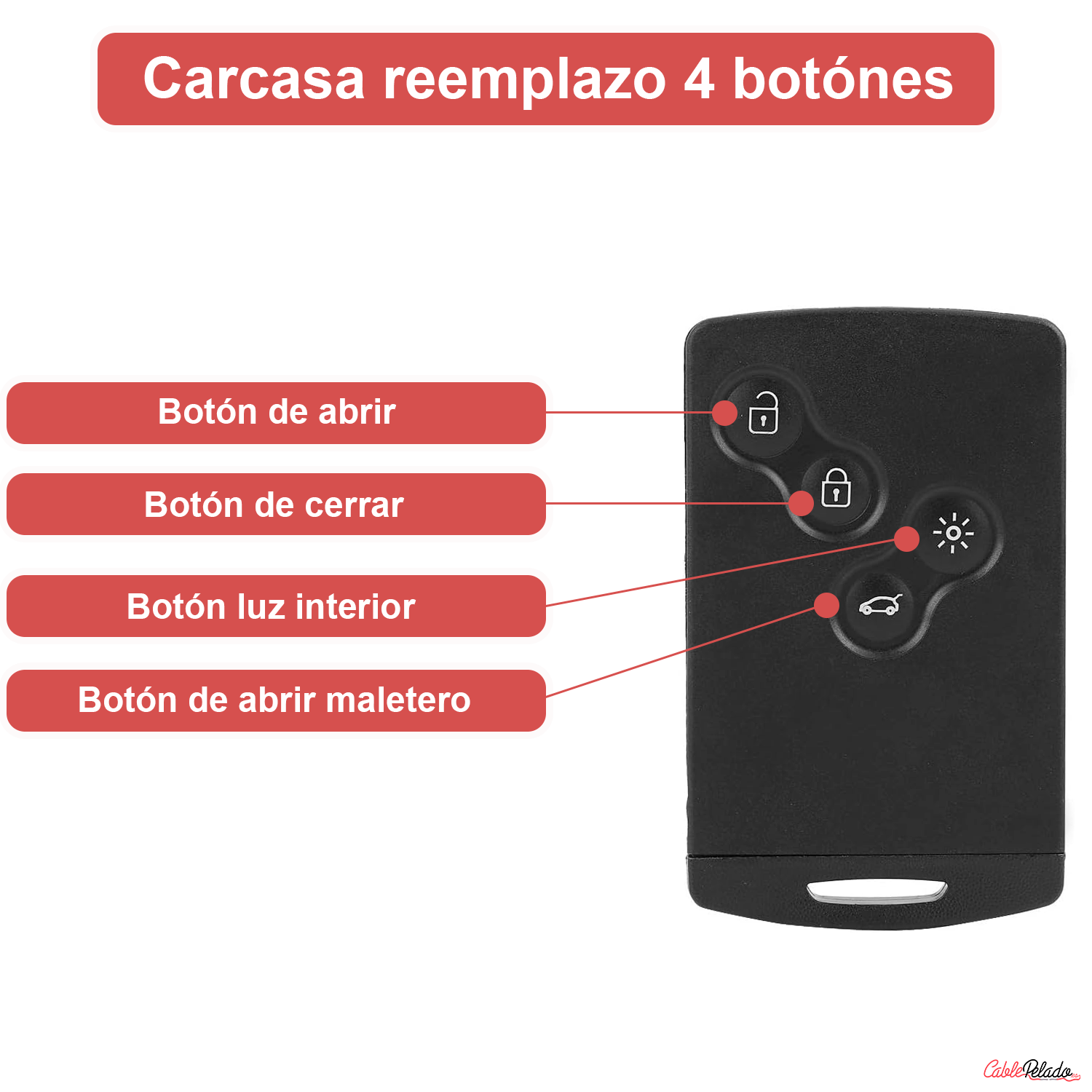 Carcasa Mando Llave De Coche 4 Botones Compatible Con Renault  Negro