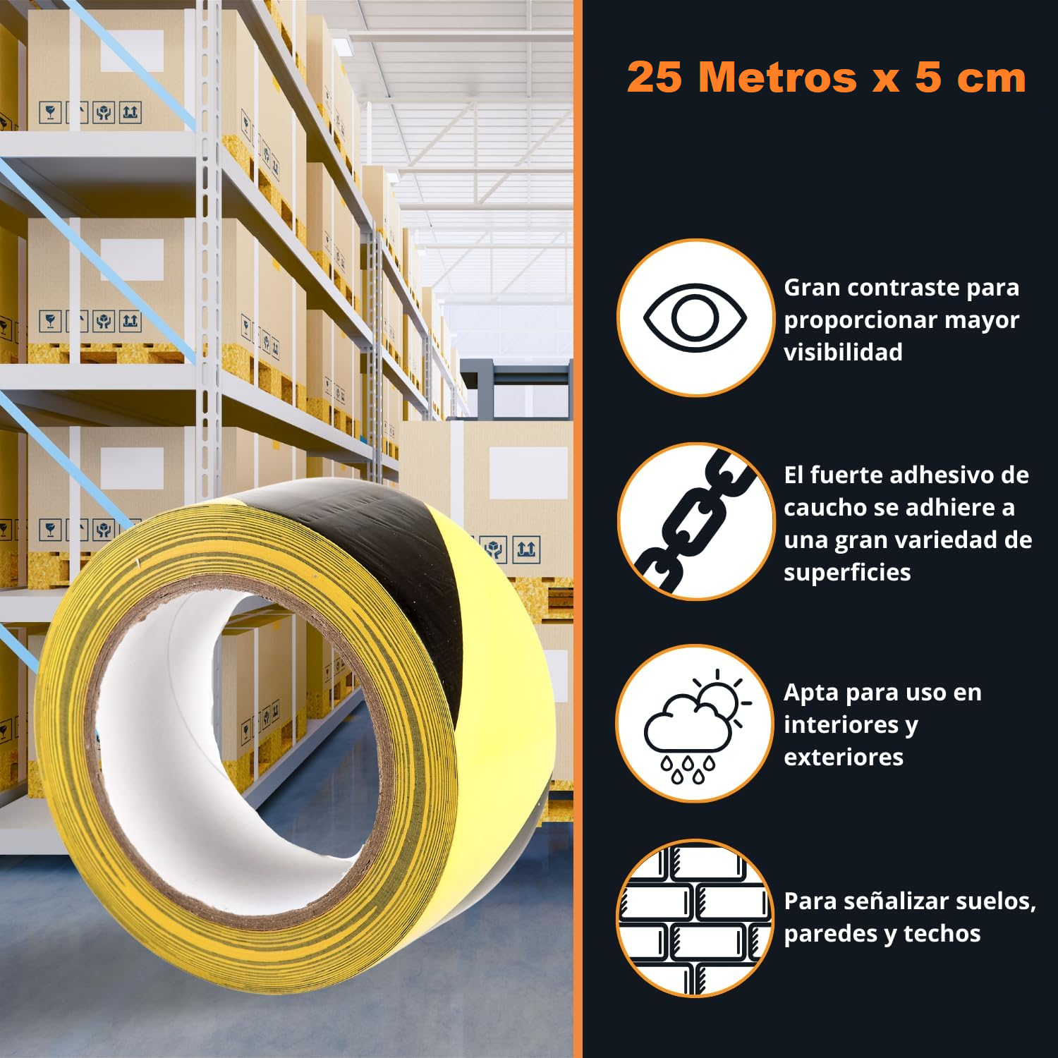 Cinta Adhesiva Señalizacion Balizamiento 5 cm x 25 M Negro-Amarillo