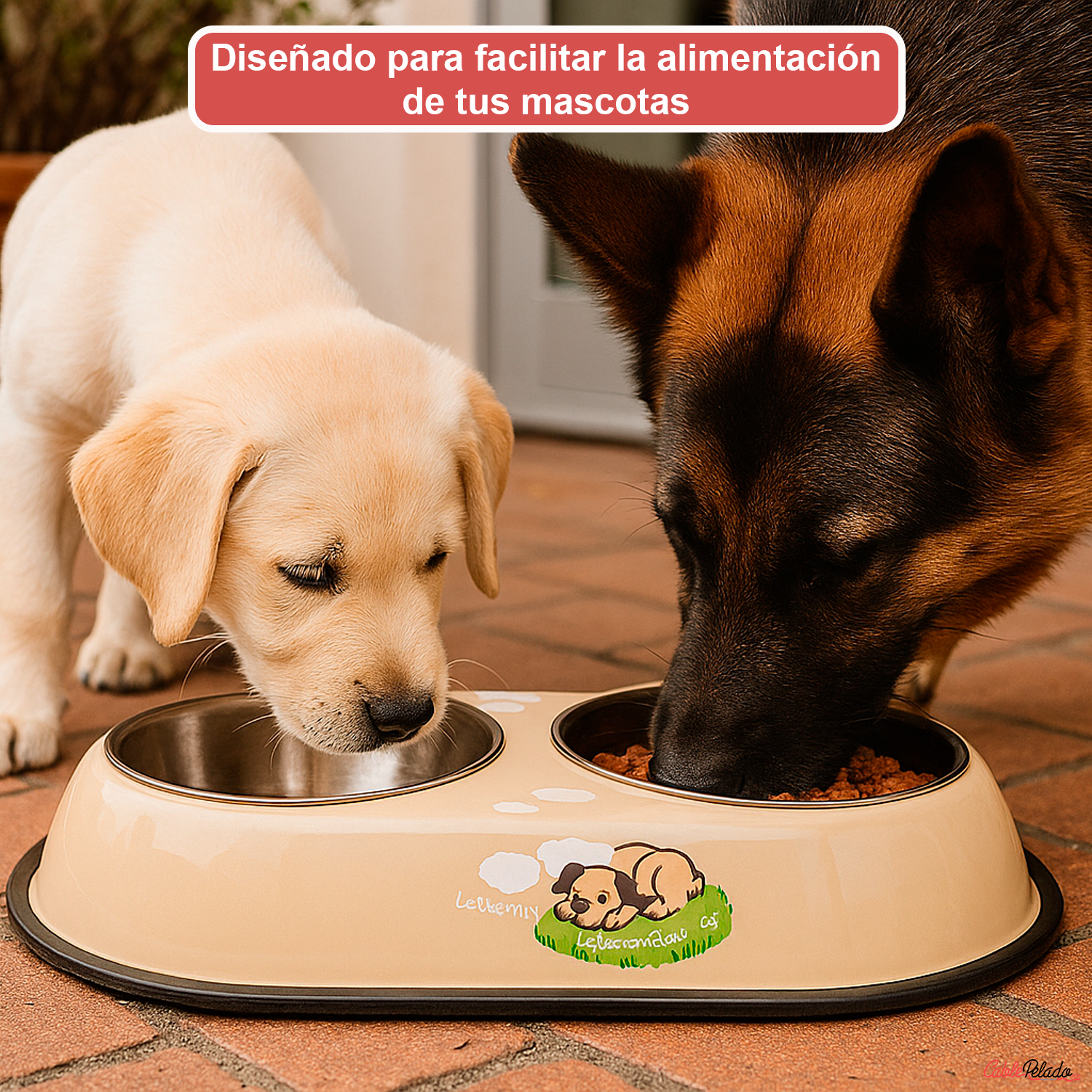 Comedero plastico doble con cuenco acero para mascotas  Verde claro