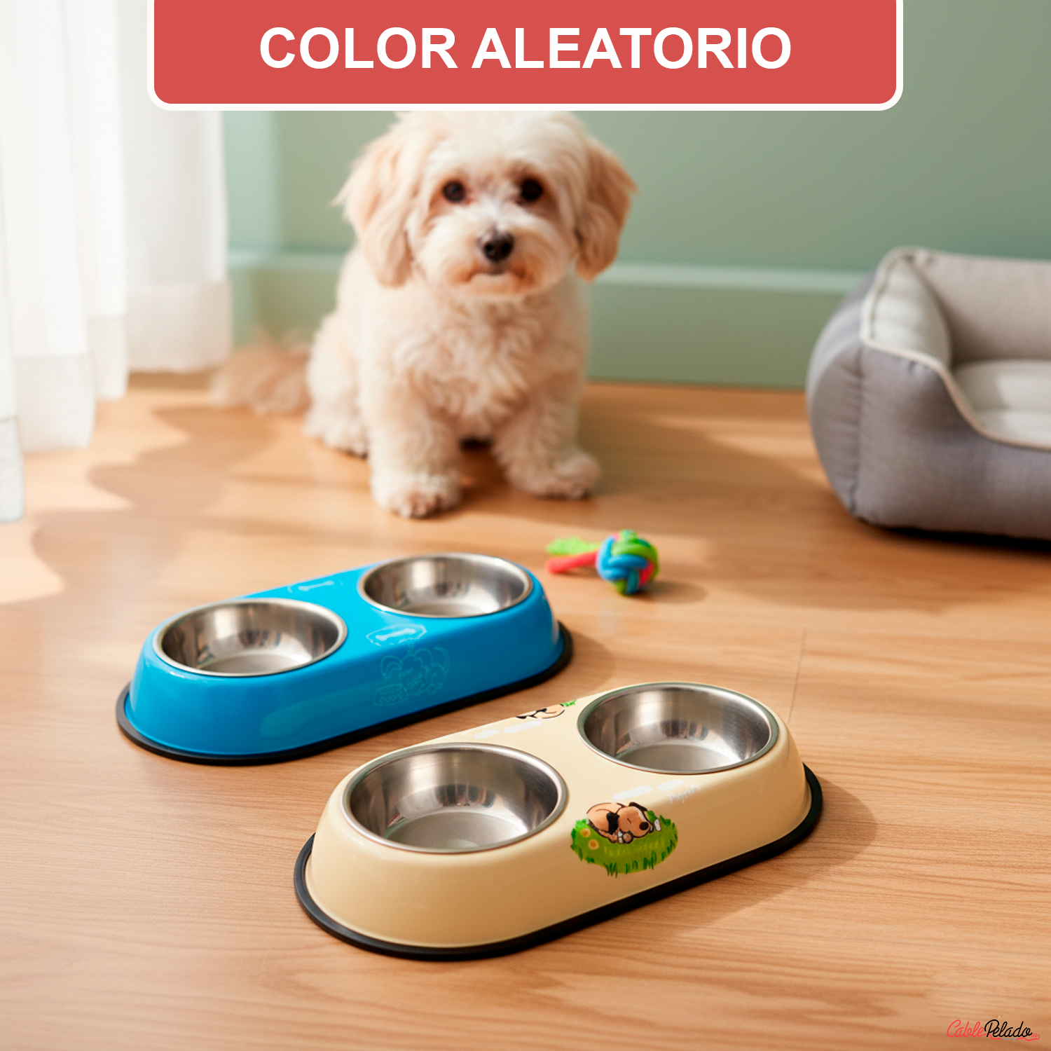 Comedero plastico doble con cuenco acero para mascotas  Verde claro