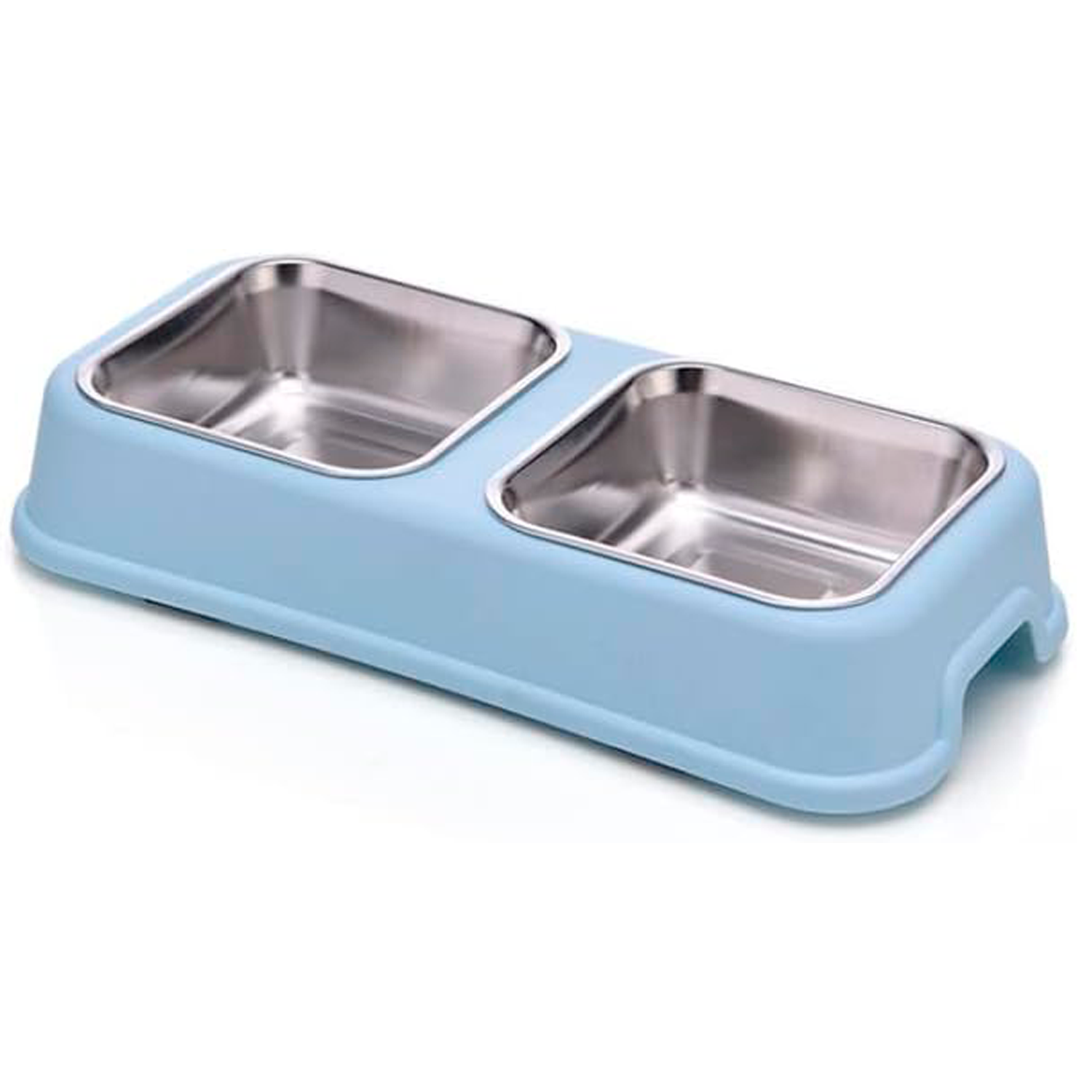 Comedero plastico rectangular doble con cuenco acero mascota  Azul claro