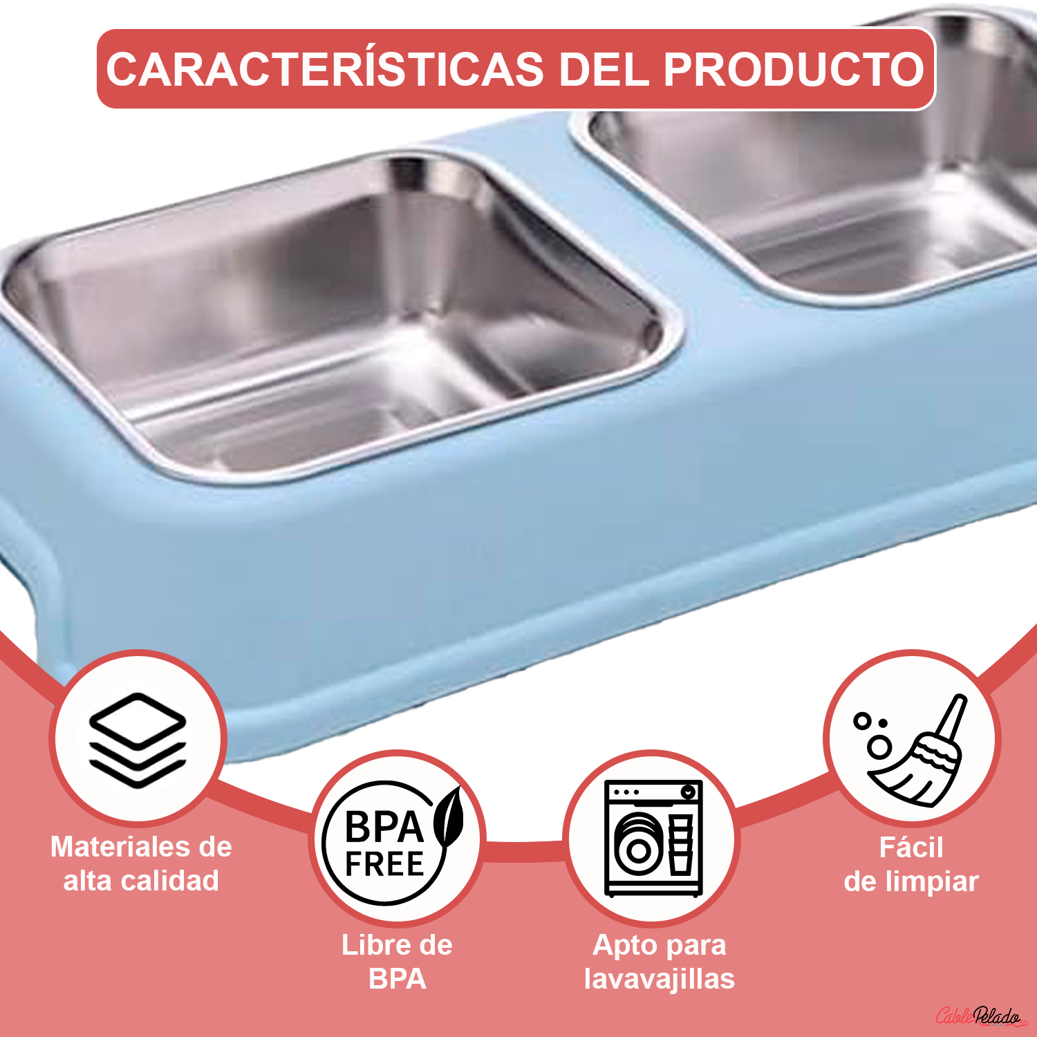 Comedero plastico rectangular doble con cuenco acero mascota  Azul claro