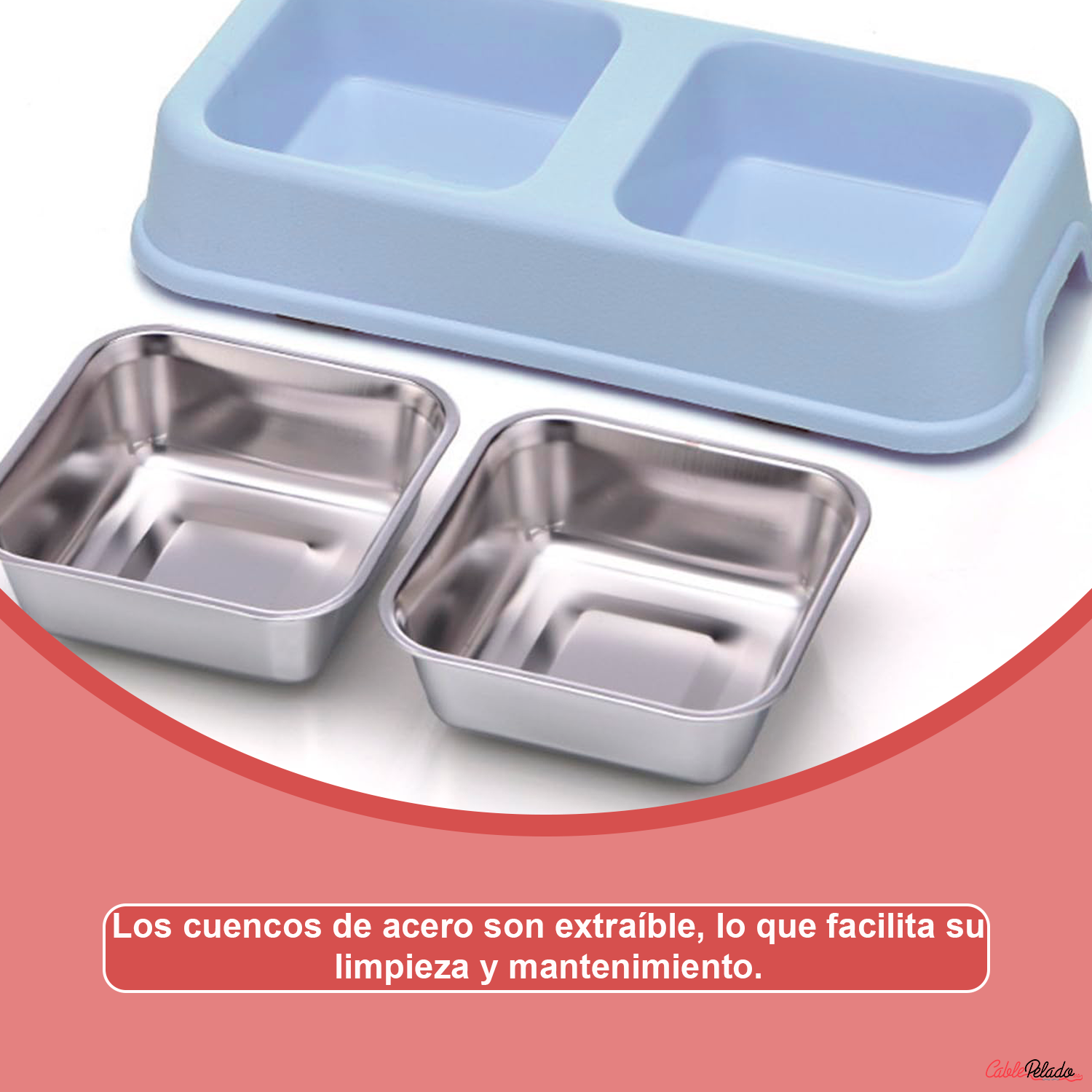 Comedero plastico rectangular doble con cuenco acero mascota  Azul claro