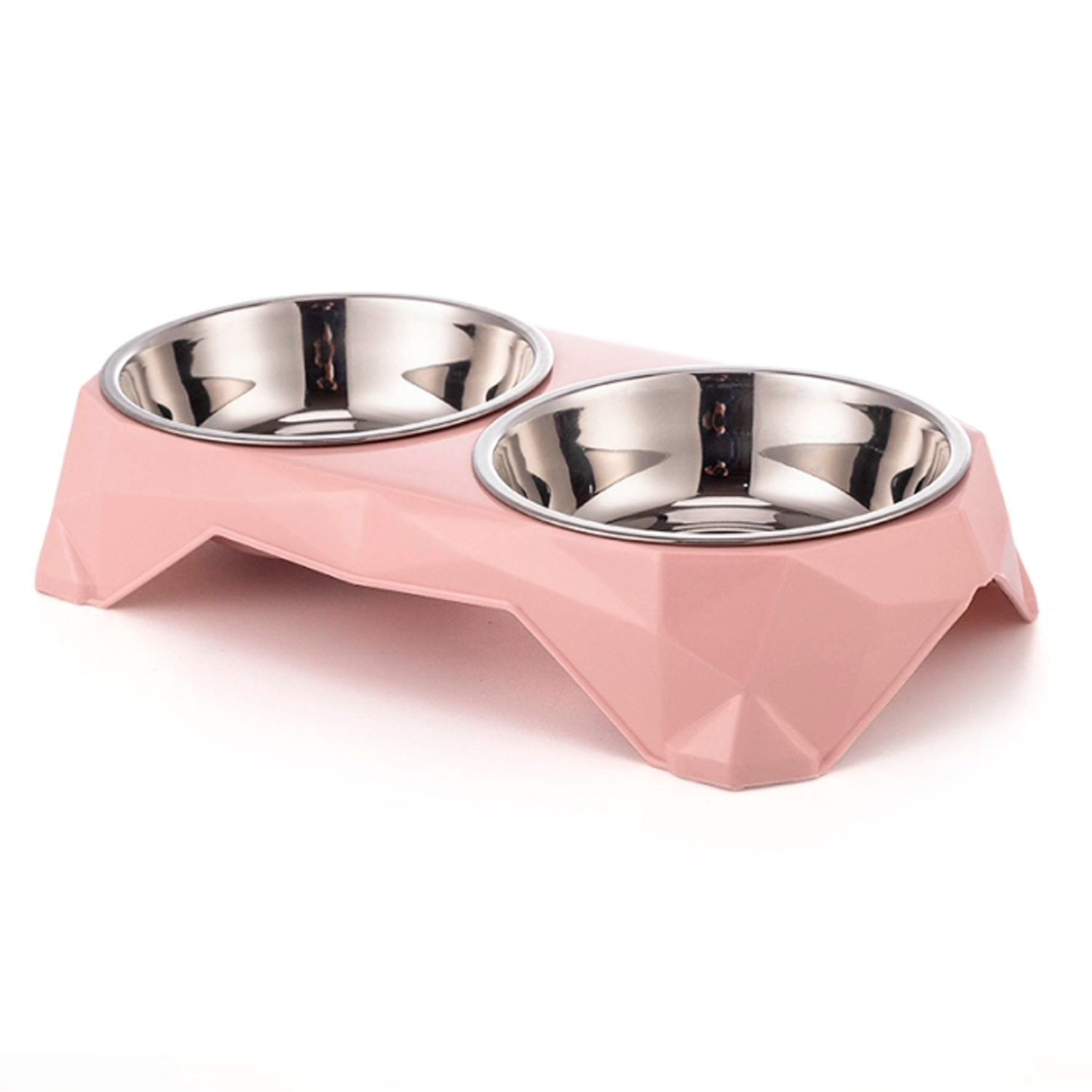 Comedero plastico rectangular doble con cuenco acero mascota  Rosa claro