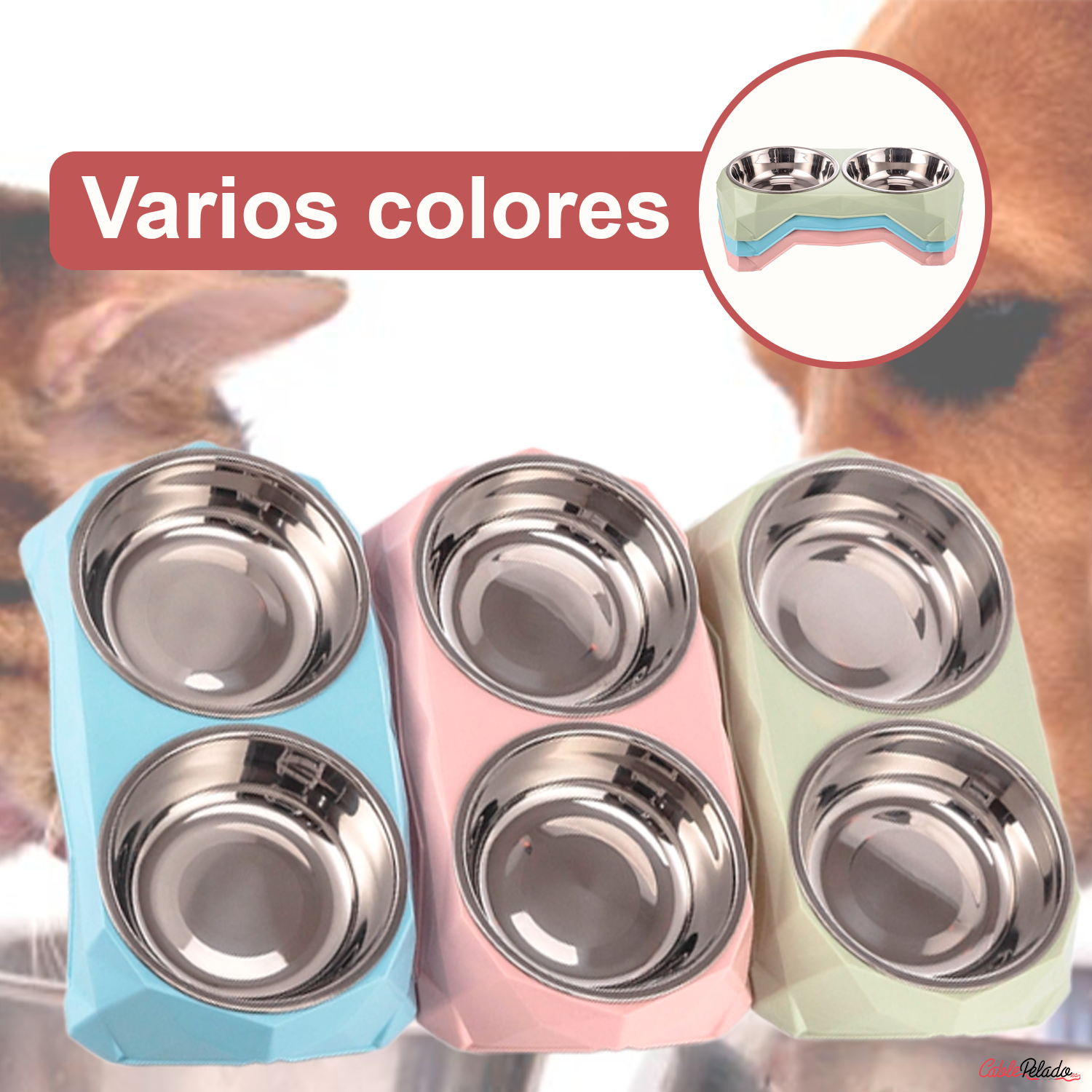 Comedero plastico rectangular doble con cuenco acero mascota  Rosa claro