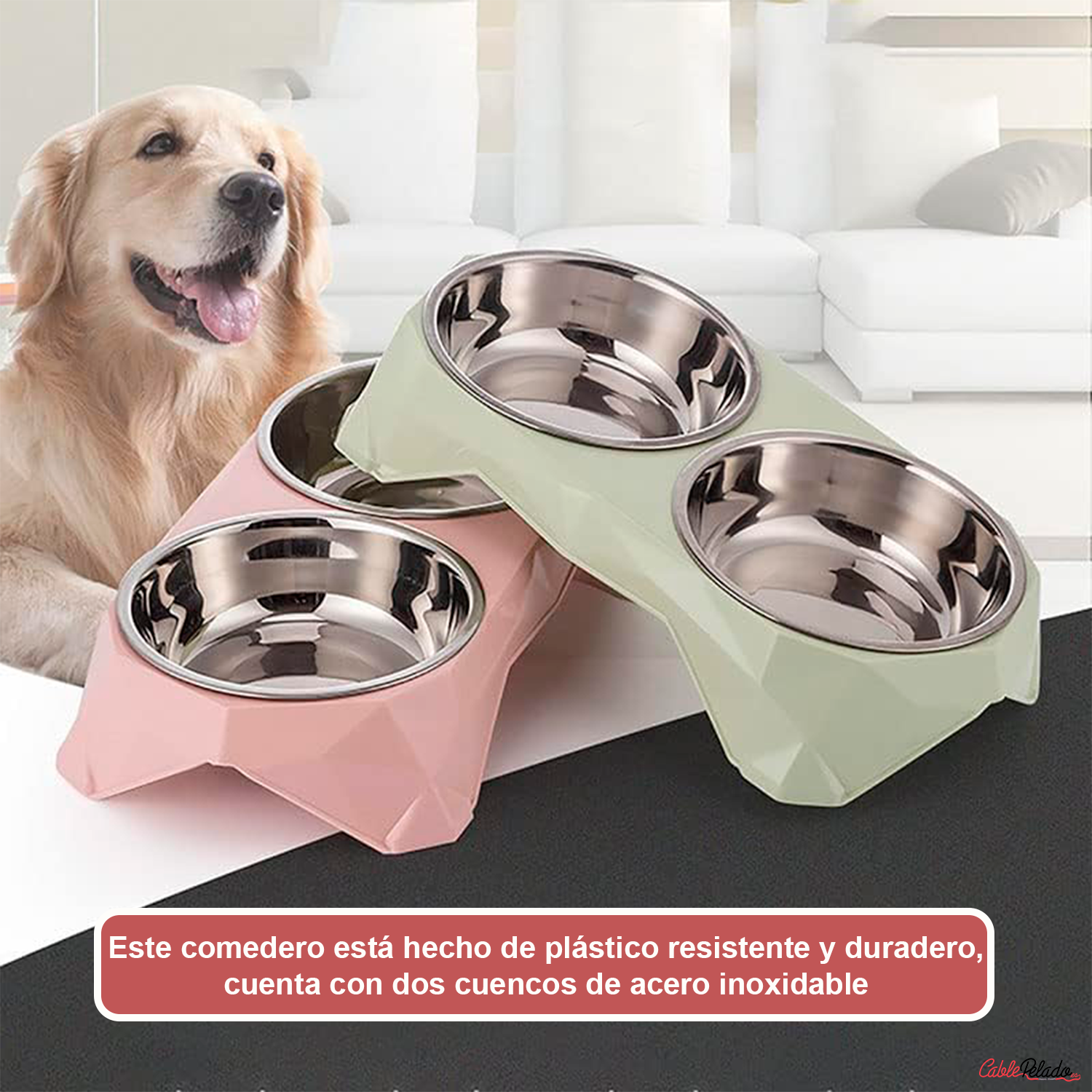 Comedero plastico rectangular doble con cuenco acero mascota  Rosa claro