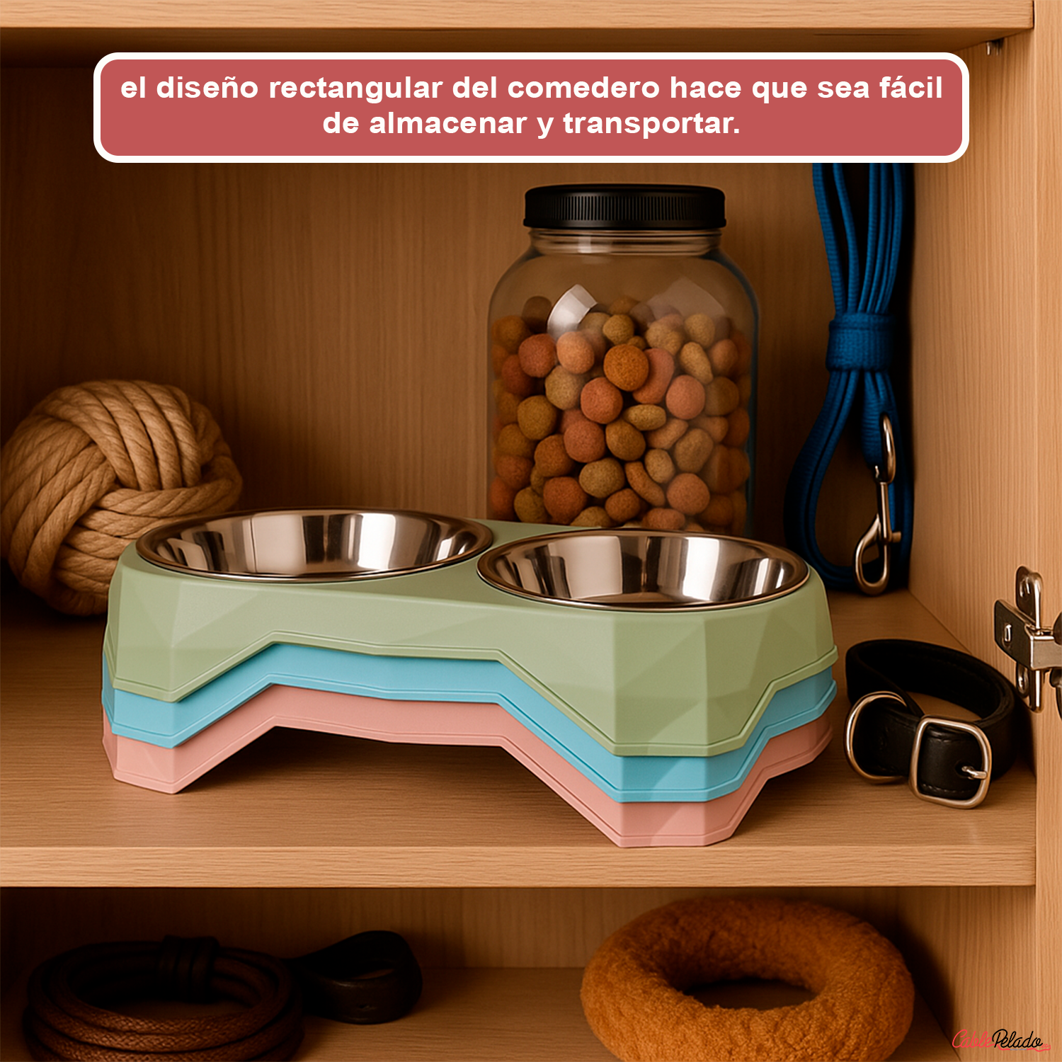 Comedero plastico rectangular doble con cuenco acero mascota  Rosa claro