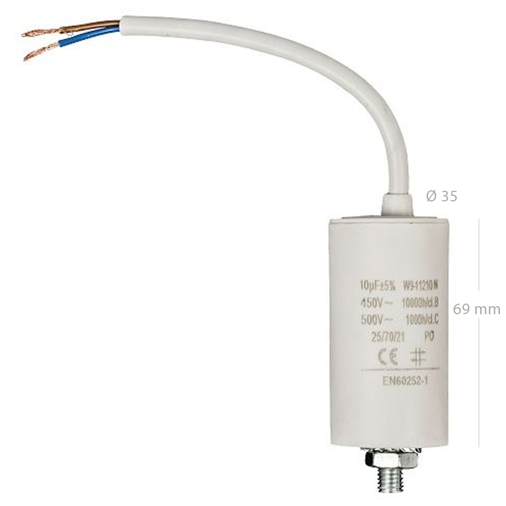 Condensador arranque motor electrico 450 V con cable 10.0 uF Blanco