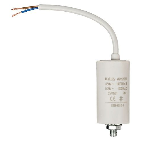 Condensador arranque motor electrico 450 V con cable 10.0 uF Blanco