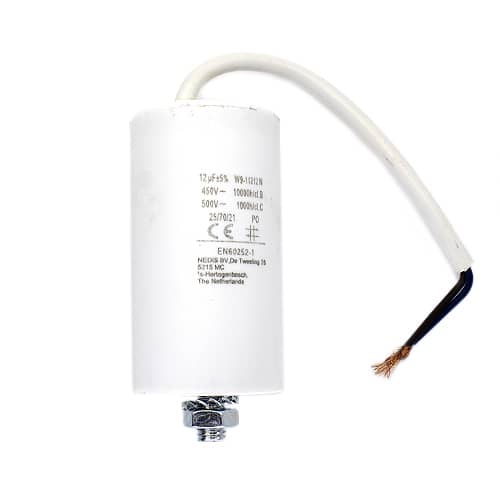 Condensador arranque motor electrico 450 V con cable 12.0 uF Blanco