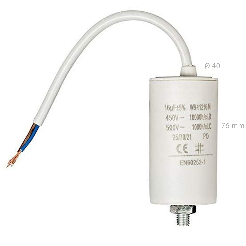 Condensador arranque motor electrico 450 V con cable 16.0 uF Blanco