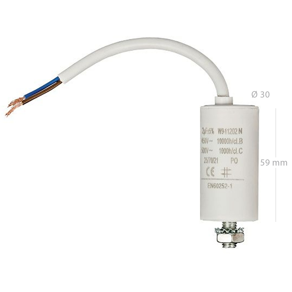 Condensador arranque motor electrico 450 V con cable 2.0 uF Blanco