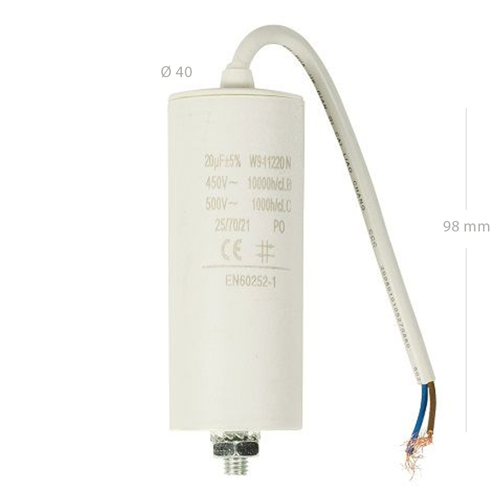 Condensador arranque motor electrico 450 V con cable 20.0 uF Blanco