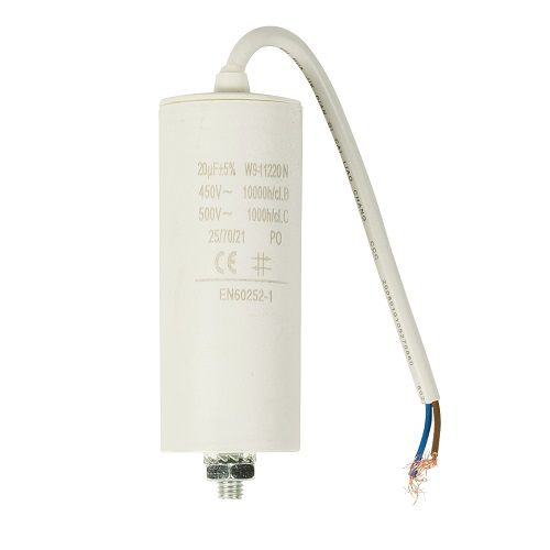 Condensador arranque motor electrico 450 V con cable 20.0 uF Blanco