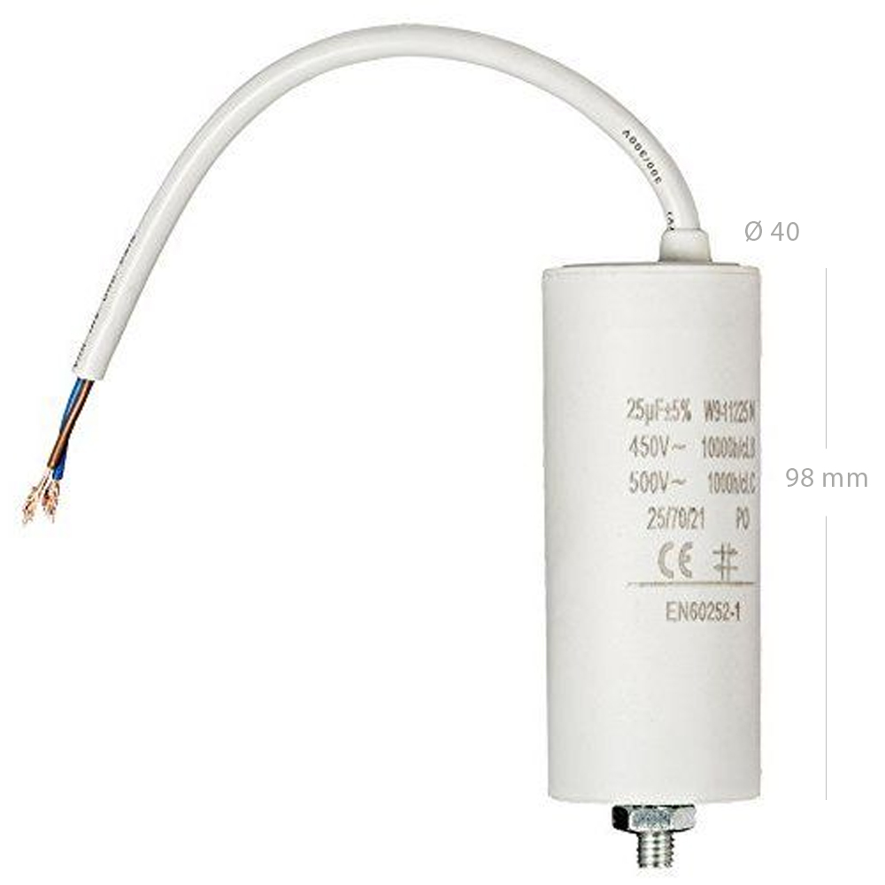 Condensador arranque motor electrico 450 V con cable 25.0 uF Blanco