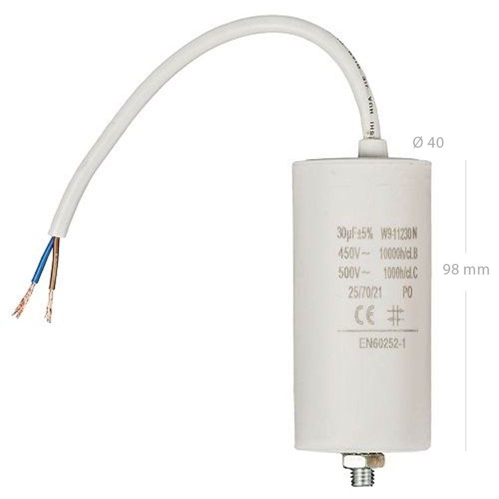 Condensador arranque motor electrico 450 V con cable 30.0 uF Blanco