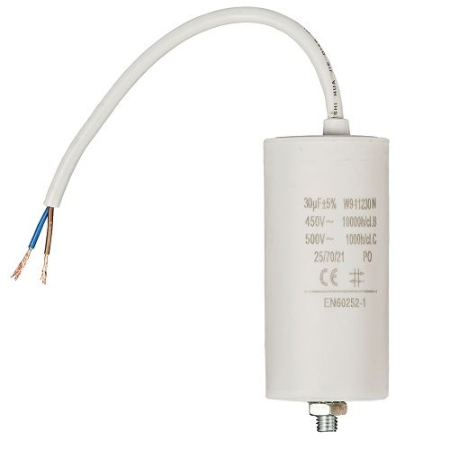 Condensador arranque motor electrico 450 V con cable 30.0 uF Blanco