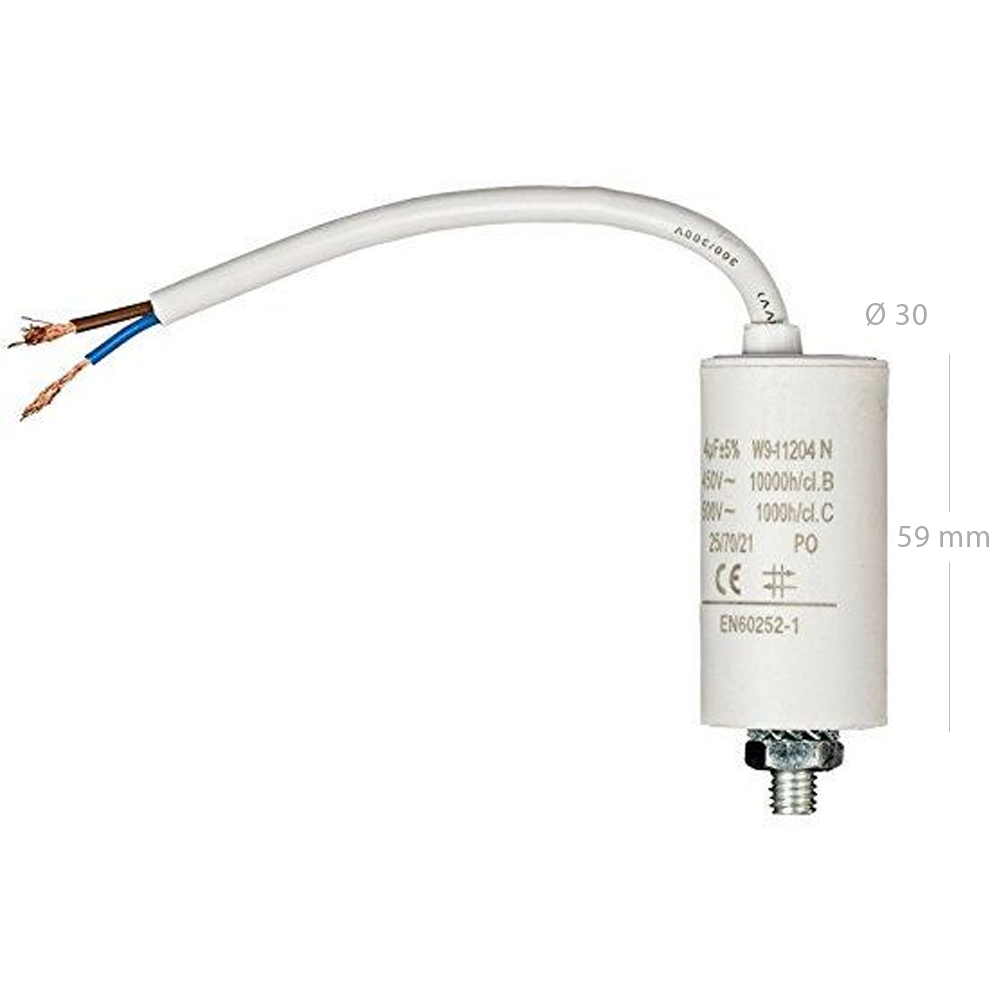 Condensador arranque motor electrico 450 V con cable 4.0 uF Blanco