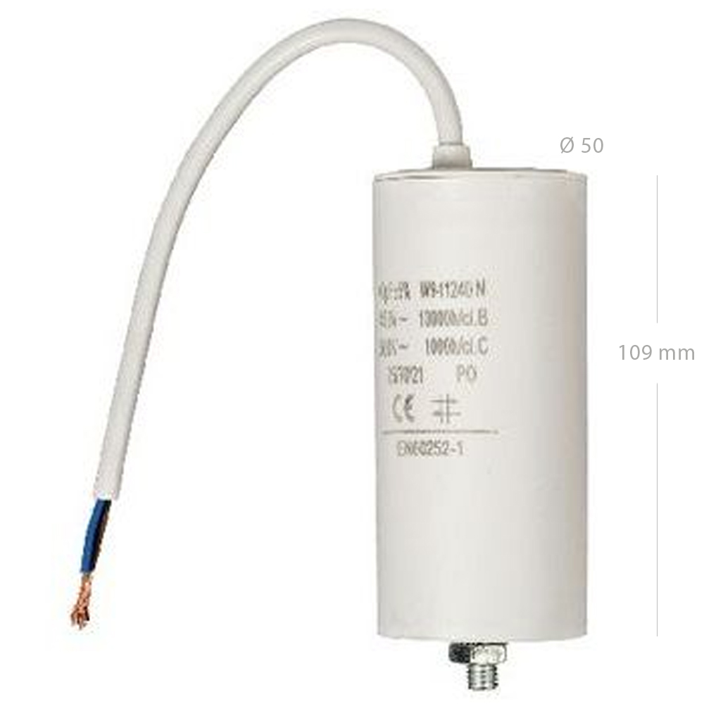 Condensador arranque motor electrico 450 V con cable 40.0 uF Blanco