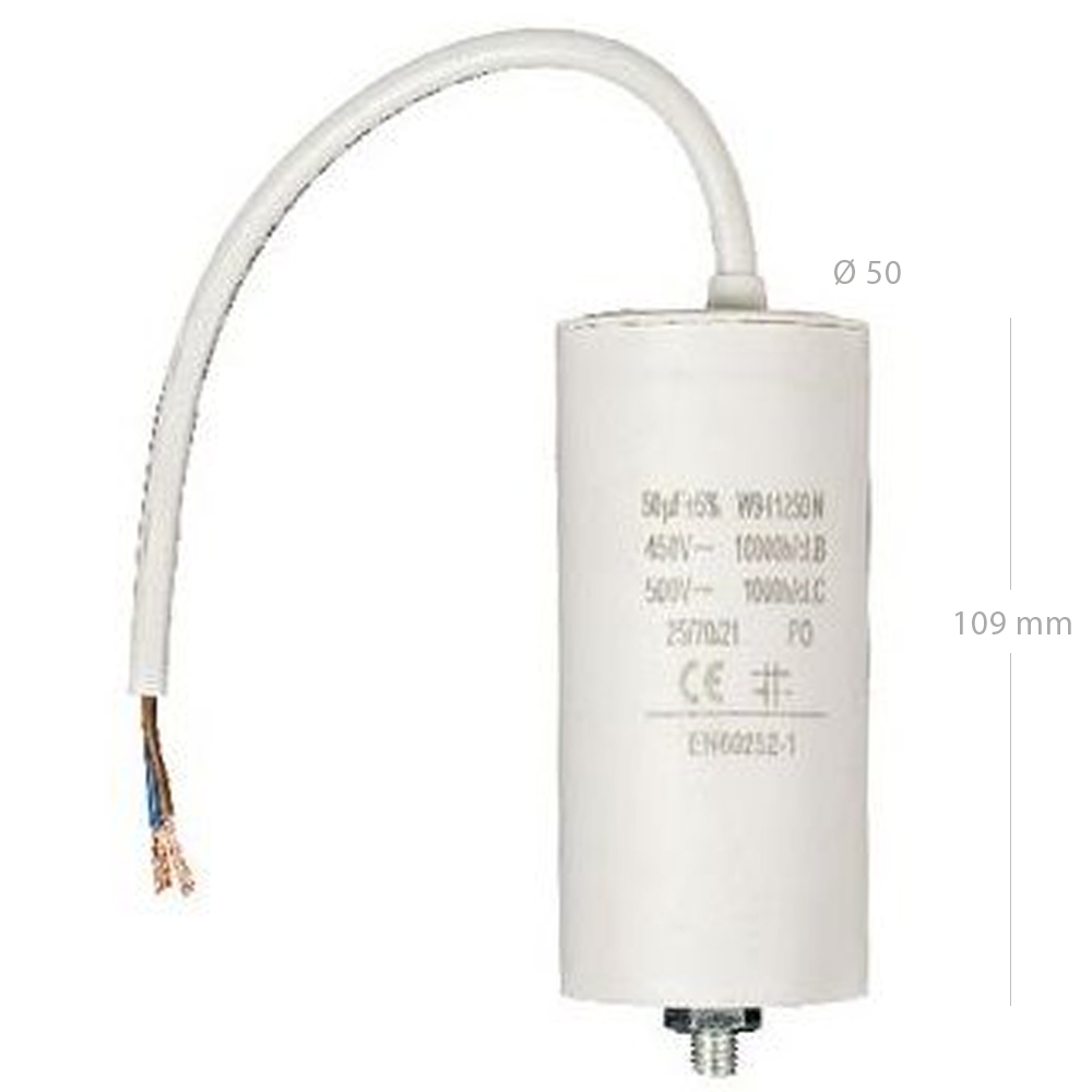 Condensador arranque motor electrico 450 V con cable 50.0 uF Blanco