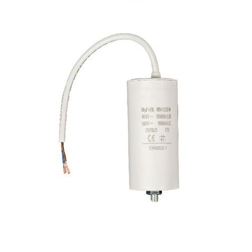 Condensador arranque motor electrico 450 V con cable 50.0 uF Blanco