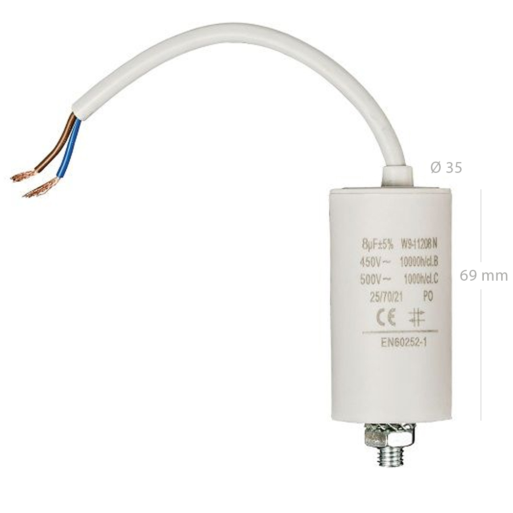 Condensador arranque motor electrico 450 V con cable 8.0 uF Blanco