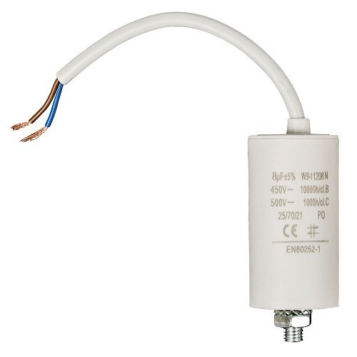 Condensador arranque motor electrico 450 V con cable 8.0 uF Blanco