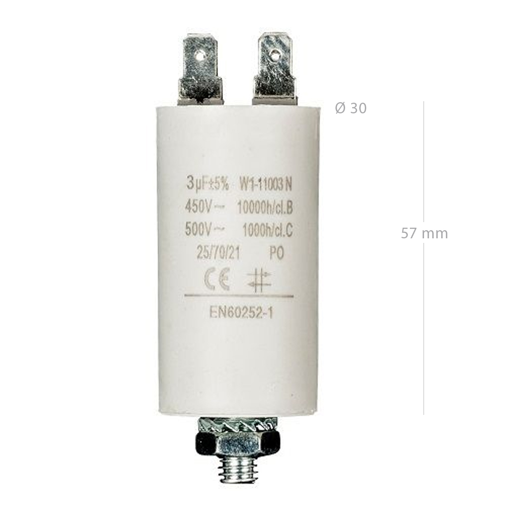 Condensador de arranque para motor electrico 450 VAC 3.0 uF Blanco