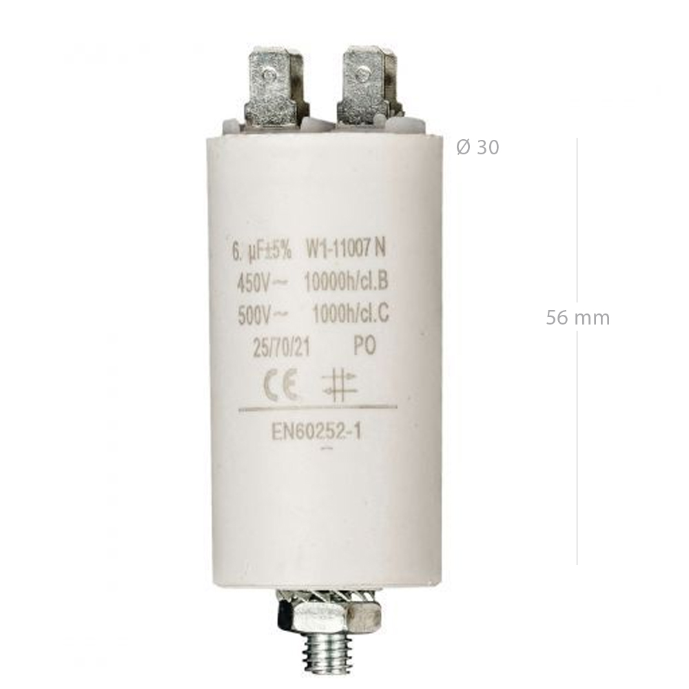Condensador de arranque para motor electrico 450 VAC 6.3 uF Blanco