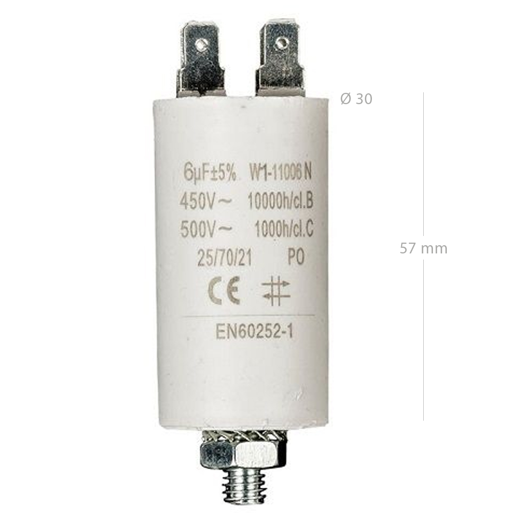Condensador de arranque para motor electrico 450 VAC 6.0 uF Blanco