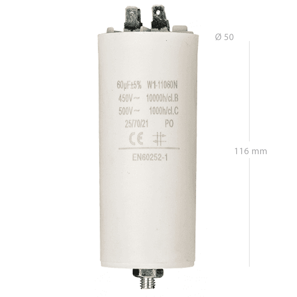 Condensador de arranque para motor electrico 450 VAC 60.0 uF Blanco