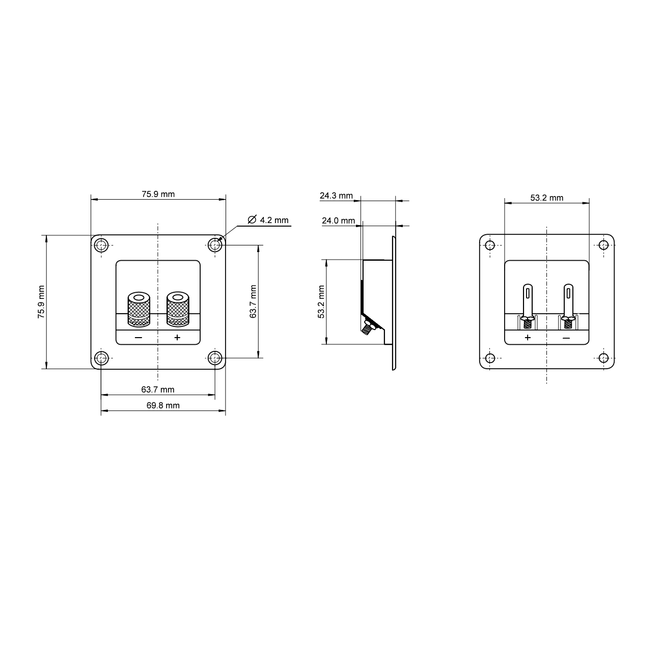 Conjunto de 2 bornes para altavoz cuadrado  Negro