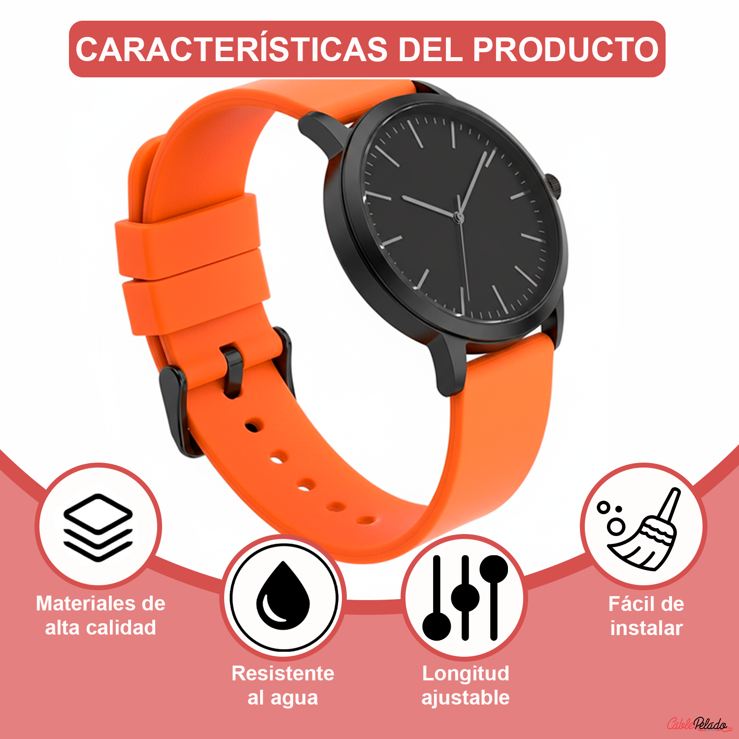Correa Reloj Silicona Liberación Rápida Hebilla Negra 18 cm Naranja