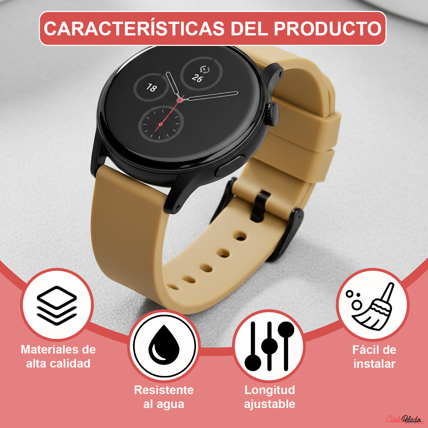 Correa Reloj Silicona Liberación Rápida Hebilla Negra 18 mm Beige