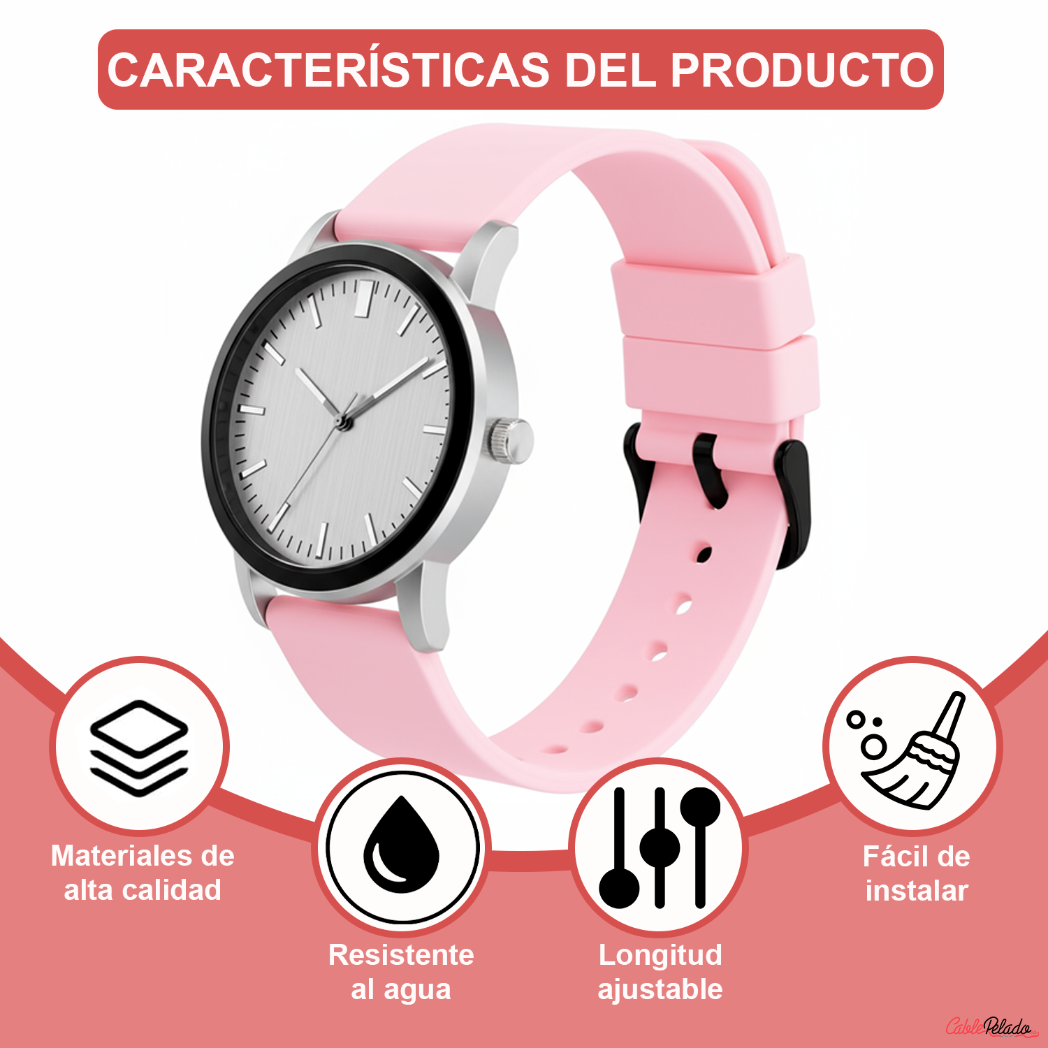 Correa Reloj Silicona Liberación Rápida Hebilla Negra 18 mm Rosa claro