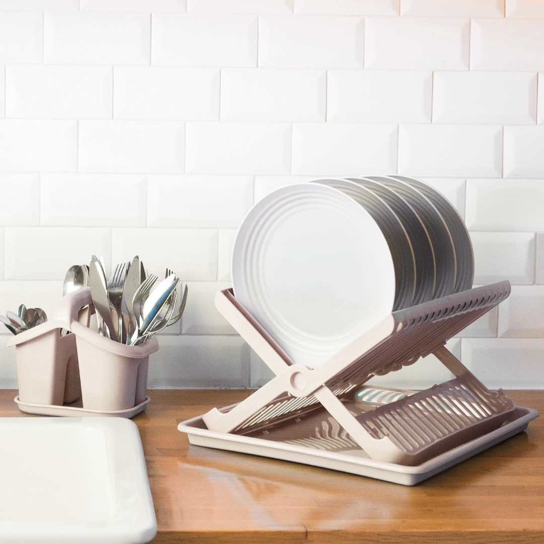 Escurreplato plegable de plastico con bandeja  Beige