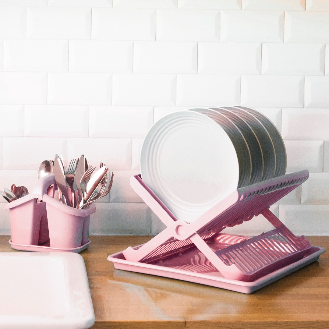 Escurreplato plegable de plastico con bandeja  Rosa claro