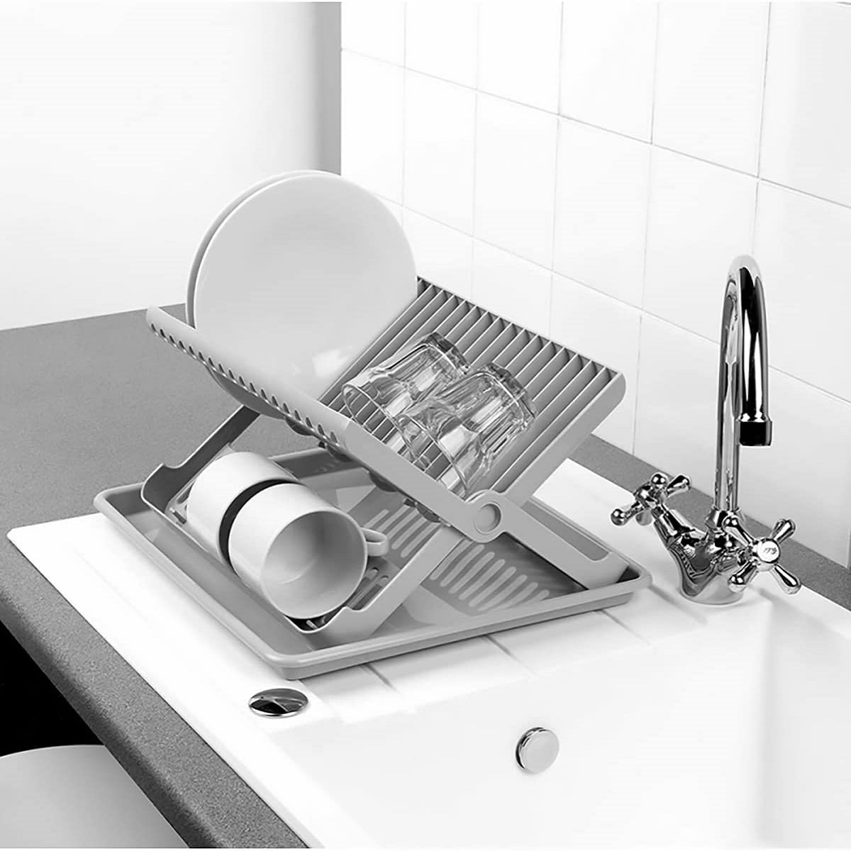 Escurreplato plegable de plastico con bandeja  Gris