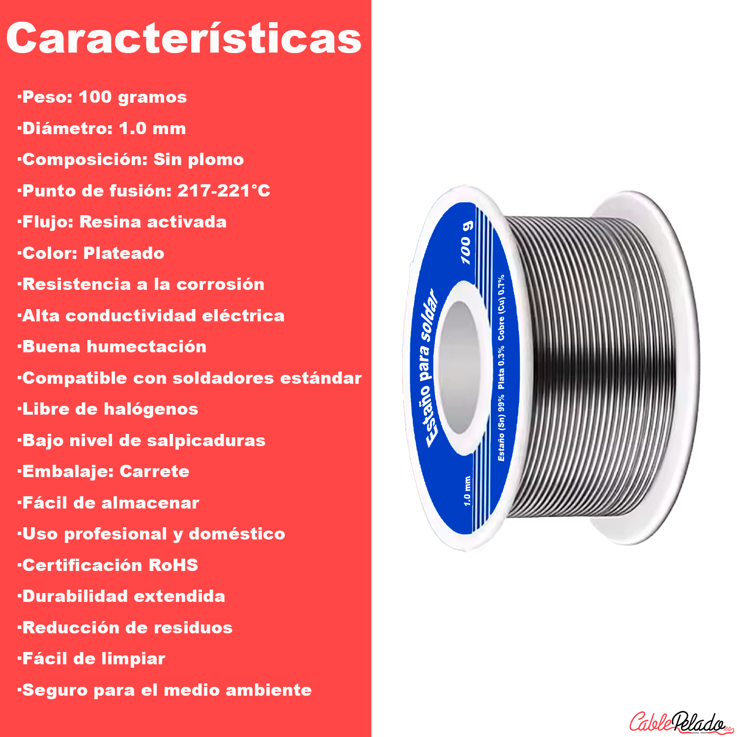 Estaño para soldar sin plomo 100 gr 1.0 mm